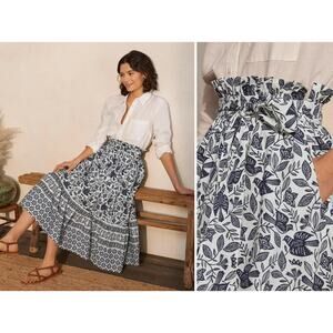 Boden NEW Dark Navy Blue & White Bird-Print A-Line Midi Skirt Women US 12 UK 16